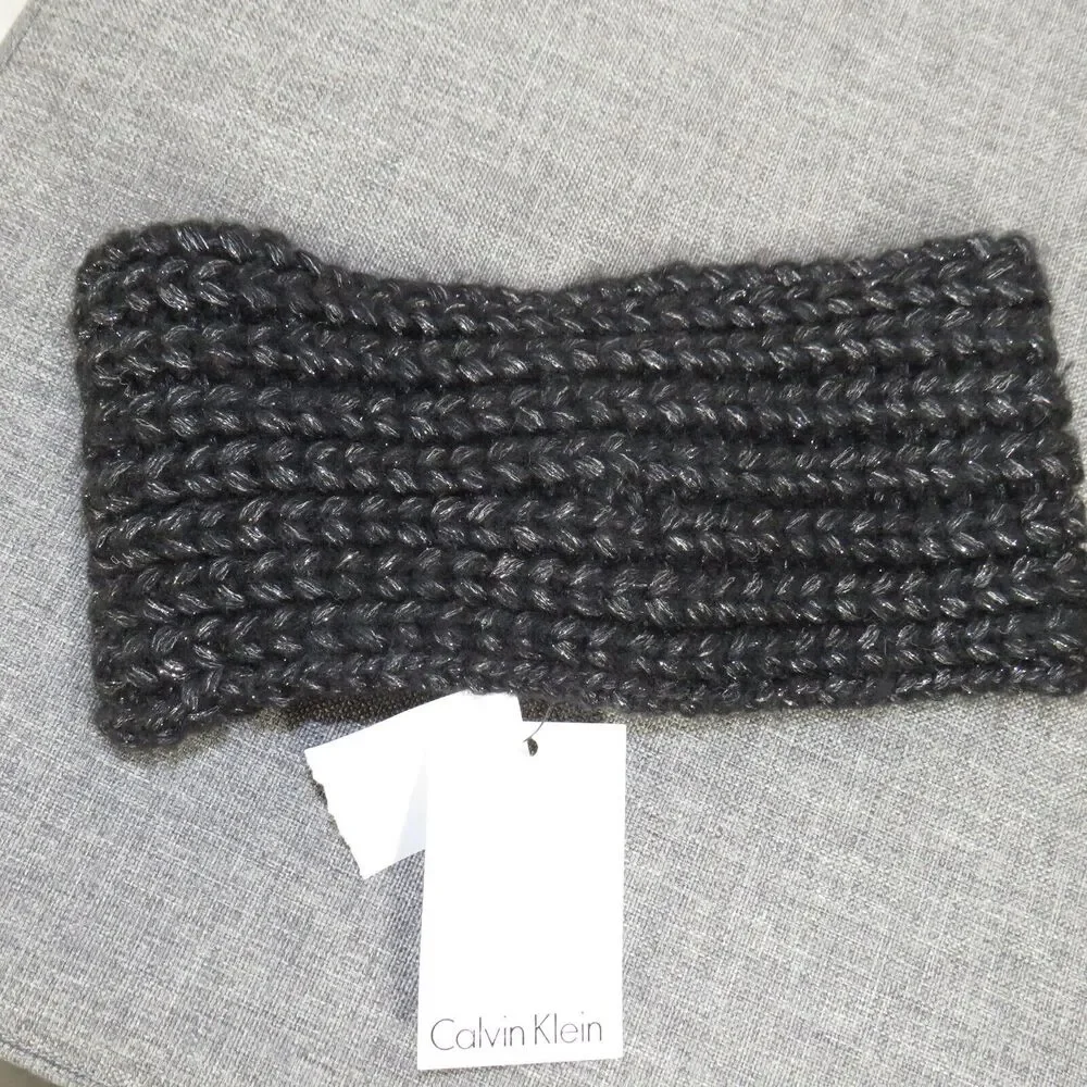 CALVIN KLEIN Black Silver Metallic Sweater Knit Cozy Ear Warmer Headband